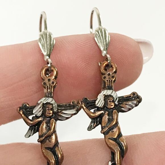 Artist Signed J96 Etched Copper Cherub Angel on Cross Drop Earrings - Picture 4 of 12